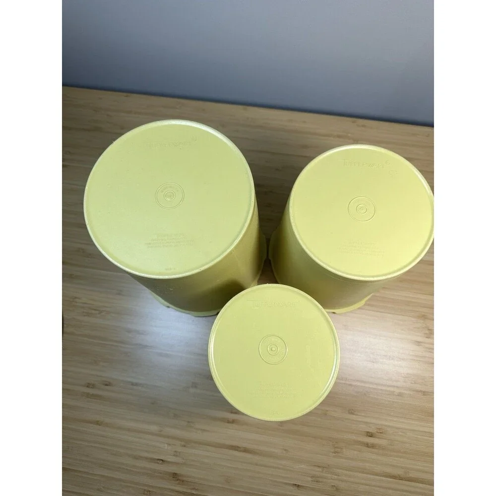 Vtg TUPPERWARE Harvest Gold Sunburst Servalier Canister Nesting 3 MCM Retro 70s
